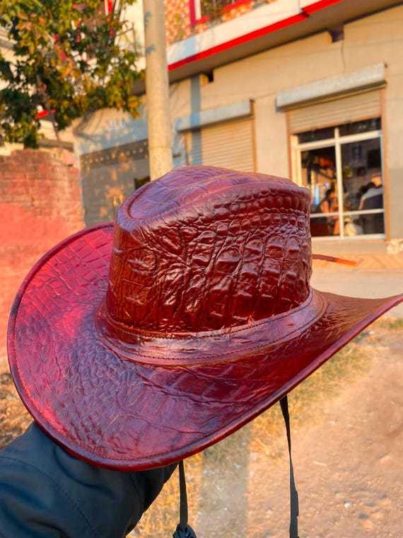 Handmade Men's Crocodile Embossed Leather Hat Luxury Western Fedora Hat