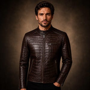 May include: A dark brown leather jacket featuring a textured crocodile skin pattern, a stand-up collar with a snap button closure, a full-length front zipper, a zippered chest pocket, and two zippered side pockets with long sleeves and cuffs.