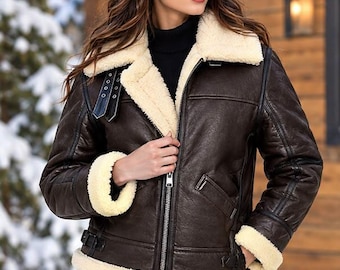 Damen-Shearling-Lederjacke, Fliegerjacke im Biker-Stil, Winterwärme