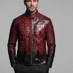 Men's Handmade Red black Crocodile Embossed Real Cowhide Leather jacket Luxury Alligator print coat