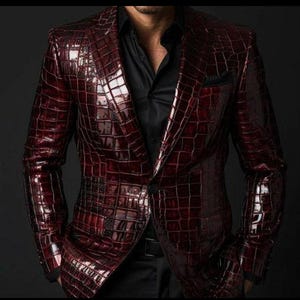 Luxury Crocodile Embossed Jacket, Burgundy Genuine Leather, Handmade Luxury Outerwear For Men's