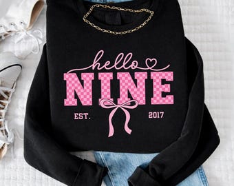 Hello Nine Est 2017 PNG, 9th Birthday Girl Pink Coquette Bow, Checkered Birthday Girl Design, Digital Download