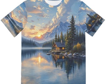 Shirt bergzonsondergang, draagbaar kunst-T-shirt natuurliefhebber, avontuurlijke outdoorkleding, top met schilderachtig landschap