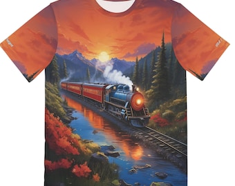 T-shirt con stampa a sublimazione "Tramonto in treno": paesaggio montano