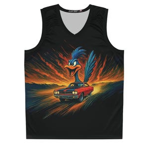 May include: Black sleeveless jersey featuring a cartoon image of the Road Runner and a red car speeding across a desert landscape. The Road Runner is blue with a long neck and beak. The car is red with black stripes.