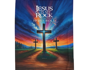 Manta «Jesús es mi roca» / Manta de terciopelo con cruz cristiana al atardecer