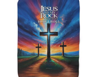 Jesus is My Rock Sherpa Fleece Blanket: Cozy Christian Home Decor