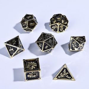 May include: A collection of seven black and gold polyhedral dice, ideal for role-playing games. The set includes various shapes: d4, d6, d8, d10, d12, d20, and a percentile die. Each die has detailed gold accents and numbering.