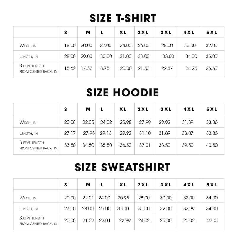 K&ouml;nnte beinhalten: Eine wei&szlig;e Tabelle zeigt Gr&ouml;&szlig;enangaben f&uuml;r T-Shirts, Hoodies und Sweatshirts. Die Tabelle enth&auml;lt Breite, L&auml;nge und &Auml;rmell&auml;nge in cm f&uuml;r die Gr&ouml;&szlig;en S bis 5XL. Der Text "SIZE T-SHIRT", "SIZE HOODIE" und "SIZE SWEATSHIRT" steht oben.