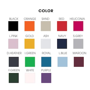 K&ouml;nnte beinhalten: Eine Farbkarte mit dem Wort &bdquo;COLOR&ldquo; oben. Die Karte zeigt ein Raster von Farbfeldern, darunter Schwarz, Orange, Sand, Rot und Heliconia. Weitere Farben sind Hellrosa, Gold, Aschgrau, Marineblau und Dunkelgrau.
