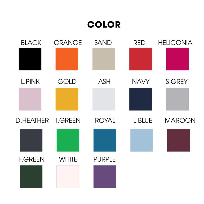 K&ouml;nnte beinhalten: Eine Farbkarte mit dem Wort &bdquo;COLOR&ldquo; oben. Die Karte zeigt ein Raster von Farbfeldern, darunter Schwarz, Orange, Sand, Rot und Heliconia. Weitere Farben sind Hellrosa, Gold, Aschgrau, Marineblau und Dunkelgrau.