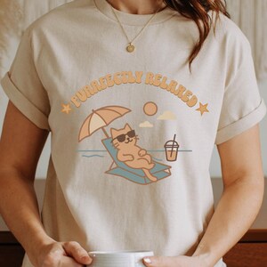 Beach T-Shirt, Purrfectly Relaxed, Summer T-Shirt, Gift For Her, Vacation Shirt, Cat Shirt, Cat Lovers Gift, Retro Summer Tee