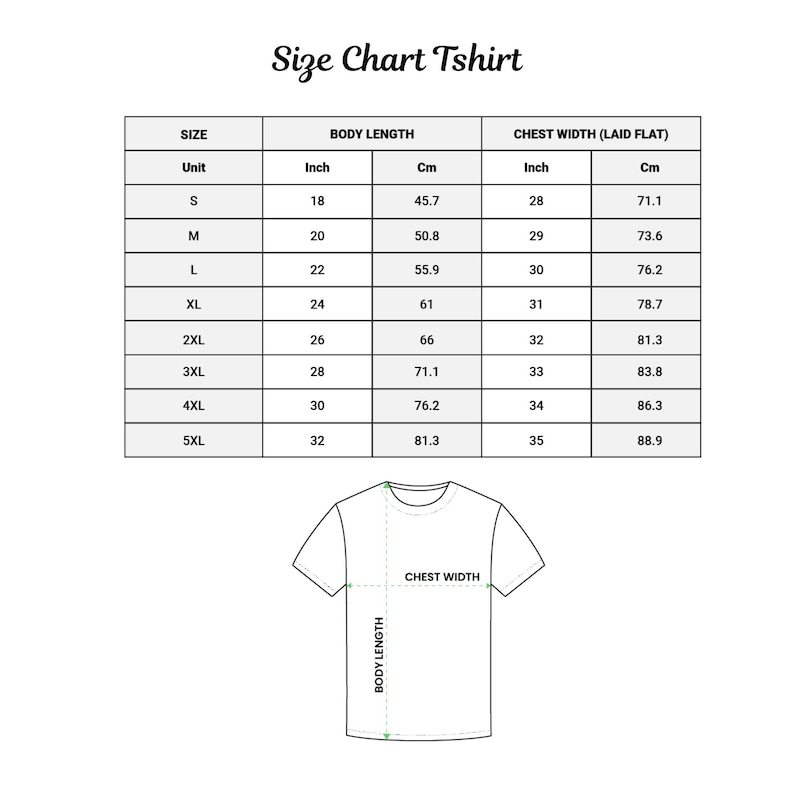 May include: A white size chart for t-shirts, with measurements in inches and centimeters. The chart includes sizes S to 5XL, detailing body length and chest width. A diagram of a t-shirt illustrates the measurement points.