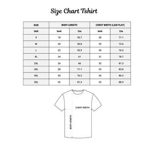 Puede incluir: Una tabla de tallas de camisetas blanca, con medidas en pulgadas y cent&iacute;metros. La tabla incluye tallas de la S a la 5XL, detallando la longitud del cuerpo y el ancho del pecho. Un esquema de camiseta ilustra los puntos de medici&oacute;n.