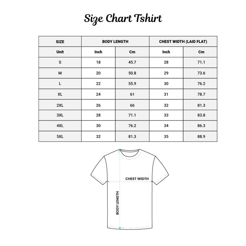 Puede incluir: Una tabla de tallas de camisetas blanca, con medidas en pulgadas y cent&iacute;metros. La tabla incluye tallas de la S a la 5XL, detallando la longitud del cuerpo y el ancho del pecho. Un esquema de camiseta ilustra los puntos de medici&oacute;n.