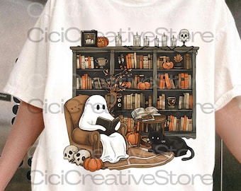 Bibliotecario retro fantasma leyendo, profesor de Halloween PNG (archivo digital)
