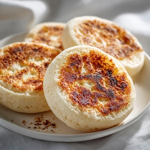 Peut inclure: Quatre muffins anglais grillés sur une assiette blanche. Les muffins ont un extérieur doré et croustillant et un intérieur moelleux et poreux. L'assiette est blanche et l'arrière-plan est de couleur neutre.