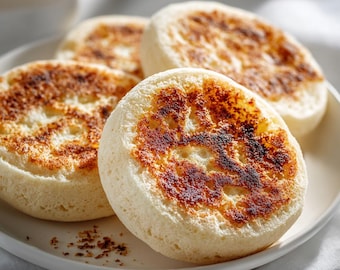 Recept på engelska muffins med 3 ingredienser | Enkelt bröd utan ugn | Utskrivbart recept | Ladda ner PDF direkt | Nybörjarvänligt