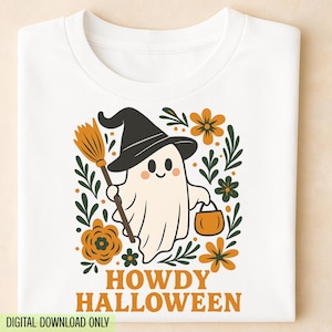 Retro Howdy Halloween Ghost PNG: Witch Hat Clipart (Digital Download)