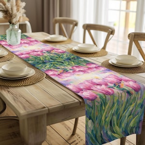 Pink Tulip and Hummingbird Table Runner Floral Table Decoration Polyester Spring Home Decor Gift Elegant Nature Inspired Lifestyle kitchen
