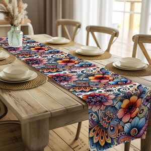 Floral Boho Table Runner Colorful Flower Dining Table Decor Botanical Table Linen Artistic Kitchen Decor Harmony Positive Home Decor