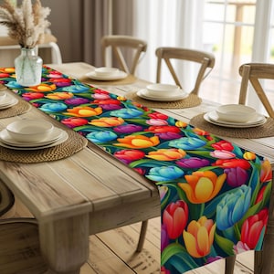 Colorful Tulip Table Runner Floral Pattern Dining Decor Polyester Table Linen Modern Home Decor Bright Kitchen Table Gift Idea