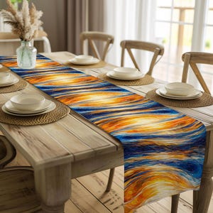 Abstract Wave Table Runner Ocean Inspired Dining Table Decor Blue Gold Artistic Kitchen Table Linen Harmony Positive Home Decor Ocean Wave