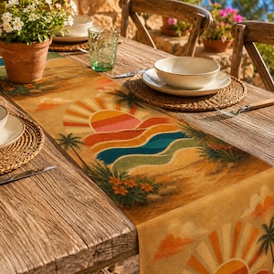 Tropical Sunset Table Runner Polyester One Side Print Retro Coastal Decor Palm Tree Ocean Wave Pattern Dining Kitchen Accent House Styling