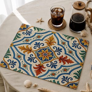 Cotton Placemat Mosaic Tile Art Mediterranean Table Decor Floral Kitchen Mat Colorful Dining Accent Summer Home Gift Boho Style Vibe Bright