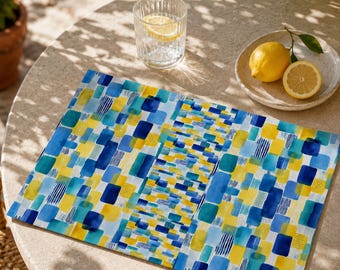 Cotton Placemat Blue Yellow Abstract Table Decor Watercolor Pattern Kitchen Dining Home Accent Summer Housewarming Gift Meal Mat Style Art