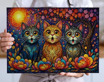 Glass Cutting Board Colorful Cat Trio Floral Night Design Kitchen Decor Harmony Conscious Gift Mothers Day Gift Perfect Gift Any Occasion