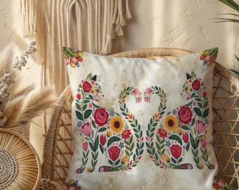 Floral Cat Pillow With Insert Heart Design Decorative Cushion Cat Lover Gift Romantic Botanical Home Decor Living Room Accent
