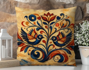 Rustic Bird Throw Pillow With Insert Folk Art Cushion Vintage Farmhouse Decor Cozy Country Style Home Accent Traditional Design Gift Idea