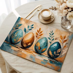 Abstract oil painting Easter egg with botanical cotton placemat spring table setting Easter decorations teal and gold kitchen decor cooking