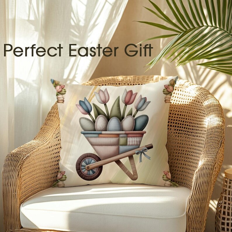 Patchwork Easter pillow with insert featuring wheelbarrow filled with tulips and decorative eggs in soft pastel fabric style, perfect for cottagecore home decor, farmhouse interiors and cozy spring styling