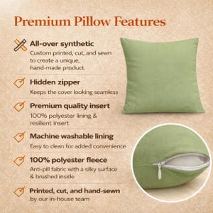 May include: A square sage green pillow with a hidden zipper closure. The text Premium Pillow Features is displayed alongside bullet points detailing synthetic construction, a polyester insert, machine washable lining, and polyester fleece fabric.