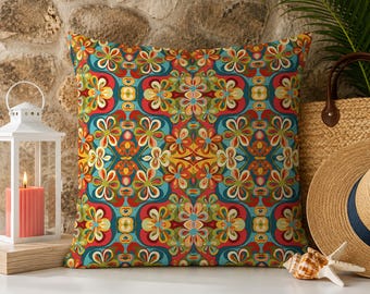 Colorful Floral Pillow With Cover Included Retro Geometric Throw Cushion Boho House Decor Patterned Sofa Accent Gift Art For Bedroom Styling