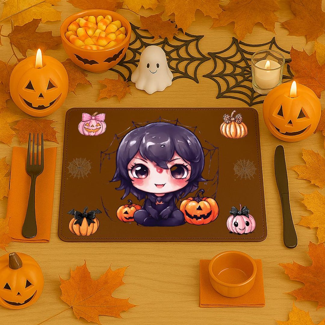 Cute Chibi Halloween Place Mat With Pumpkins, Fall Anime Table Decor ...