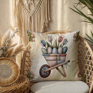 Patchwork Easter pillow with insert featuring wheelbarrow filled with tulips and decorative eggs in soft pastel fabric style, perfect for cottagecore home decor, farmhouse interiors and cozy spring styling