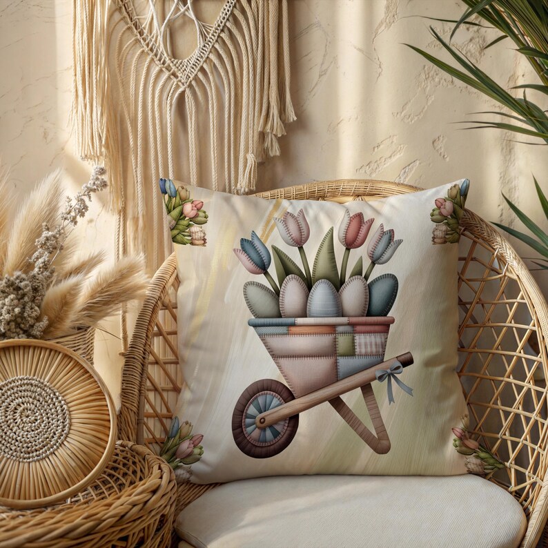 Patchwork Easter pillow with insert featuring wheelbarrow filled with tulips and decorative eggs in soft pastel fabric style, perfect for cottagecore home decor, farmhouse interiors and cozy spring styling
