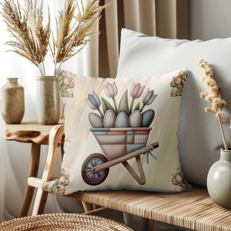 Patchwork Easter pillow with insert featuring wheelbarrow filled with tulips and decorative eggs in soft pastel fabric style, perfect for cottagecore home decor, farmhouse interiors and cozy spring styling
