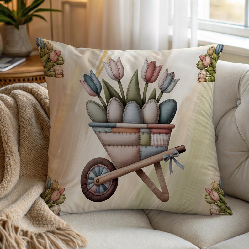 Patchwork Easter pillow with insert featuring wheelbarrow filled with tulips and decorative eggs in soft pastel fabric style, perfect for cottagecore home decor, farmhouse interiors and cozy spring styling