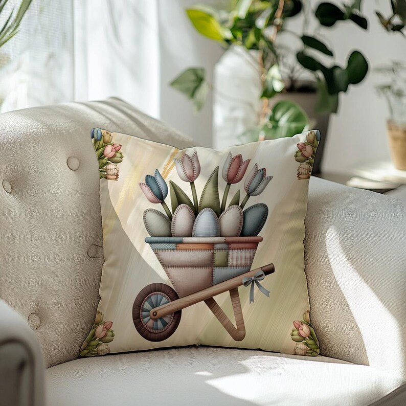 Patchwork Easter pillow with insert featuring wheelbarrow filled with tulips and decorative eggs in soft pastel fabric style, perfect for cottagecore home decor, farmhouse interiors and cozy spring styling