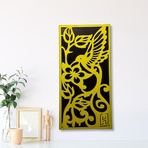 Floral Wall Hanging, Hummingbird Wall Decor, Wood Wall Art Panel, Boho Bird Wall Decor, Engraved Wood Art, Nature Lover Gift, Minimalist Art
