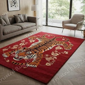 9x12 Red Oriental Tiger Rug with Floral Motif Bold Vintage Animal Design for Living Room, Boho & Botanical Home Décor 5x8 Tibetan tiger rug