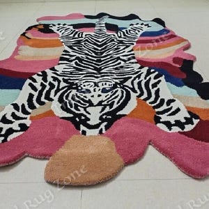 Colorful Abstract tiger Rug with Stripes Bold Background Modern Animal Print Area Rug for Living Room & Kids Room Décor whimsical tiger rug