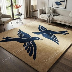 9x12 Blue Birds Area Rug on Cream Background Modern Bird Art Carpet for Living Room, Minimalist & Botanical Home Décor living room bird rug