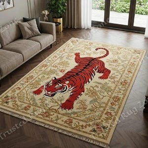 5x8 Red Tiger Oriental Rug with Floral Border Bold Animal Art Carpet for Living Room Entryway floral tiger rug animal rug decor  kids gifts