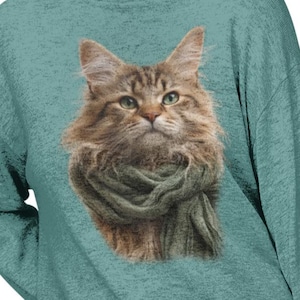 Schattig kattentrui, grappig kattenliefhebber cadeau, trui herfstkat, ingepakte kat, cadeau herfst kattenliefhebber, sjaal leven kat, kat shirt met lange mouwen