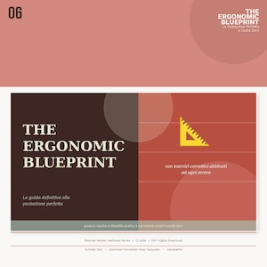 Può includere: Un documento digitale intitolato "The Ergonomic Blueprint" con sfondo marrone scuro e testo bianco. Il documento include un triangolo rettangolo giallo e il testo "con esercizi correttivi abbinati ad ogni errore".